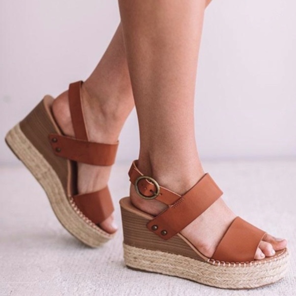 Boho Camel Vegan leather Buckle Espadrille Wedge - Picture 5 of 7